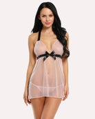 Sheer mesh halter babydoll with lace trim and black bow belt