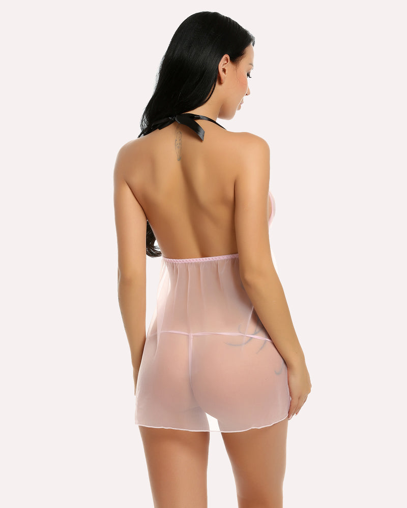 Back view sheer mesh halter babydoll with bow straps and black waistband