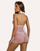 Sheer mesh halter babydoll back view with white ribbon tie and purple print