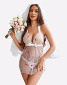 White sheer mesh halter babydoll nightie with red cherry embroidery and tie waist