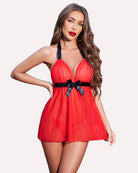 Red sheer mesh halter babydoll with black ribbon belt and V-neck triangle cups