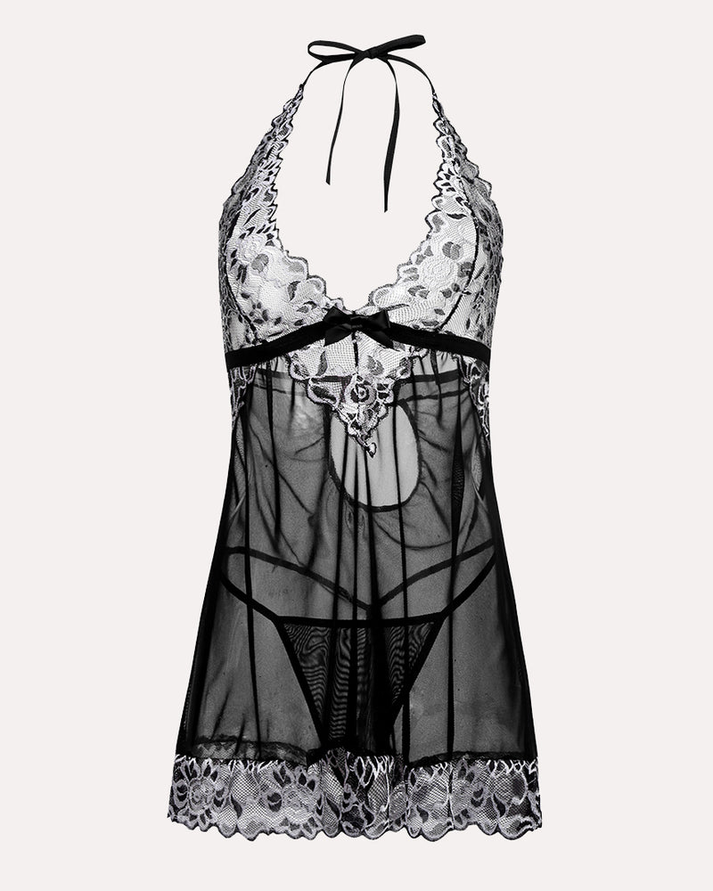Black mesh babydoll chemise with lace halter neckline and scalloped lace bottom trim