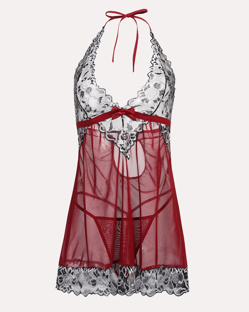 Lace babydoll mesh chemise with halter straps, scalloped lace hem, and red ribbon bow.
