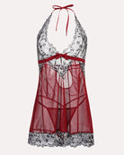 V-neck lace babydoll lingerie in red with black lace cups and scalloped lace hem