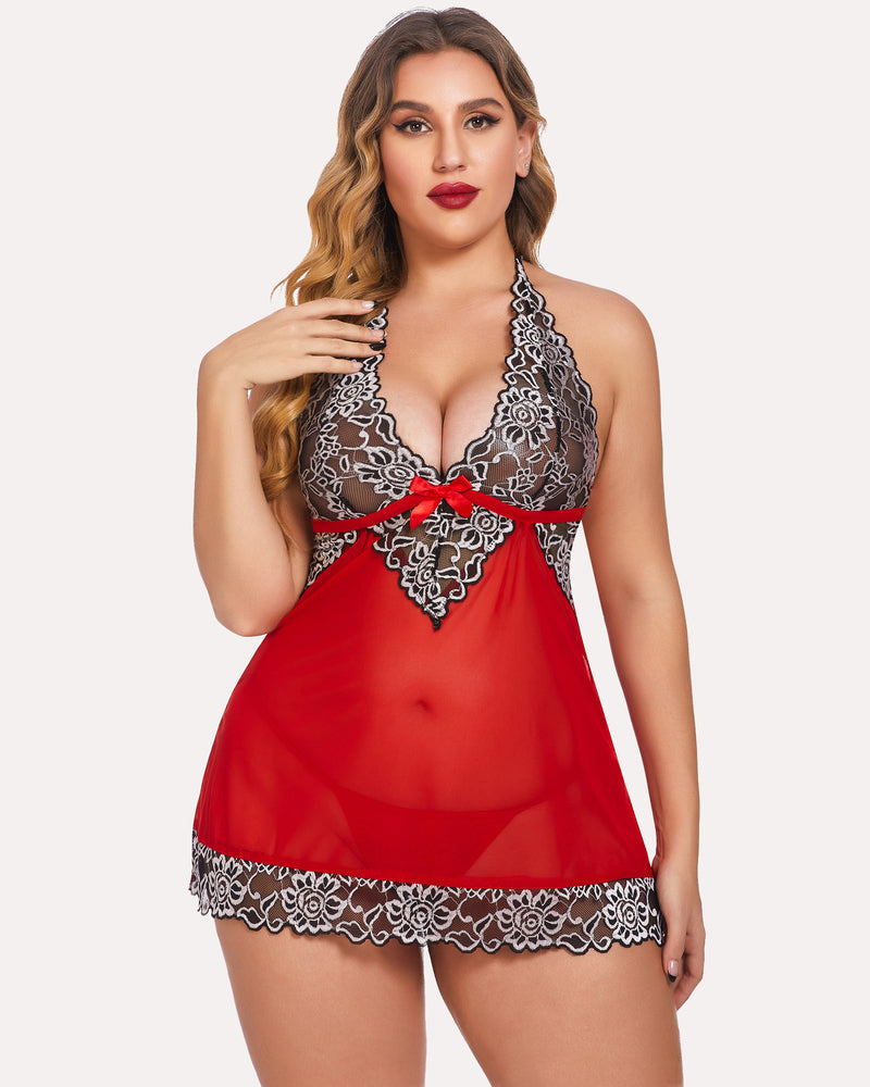Red V-neck lace babydoll with black floral lace halter straps, lace hem, and bow