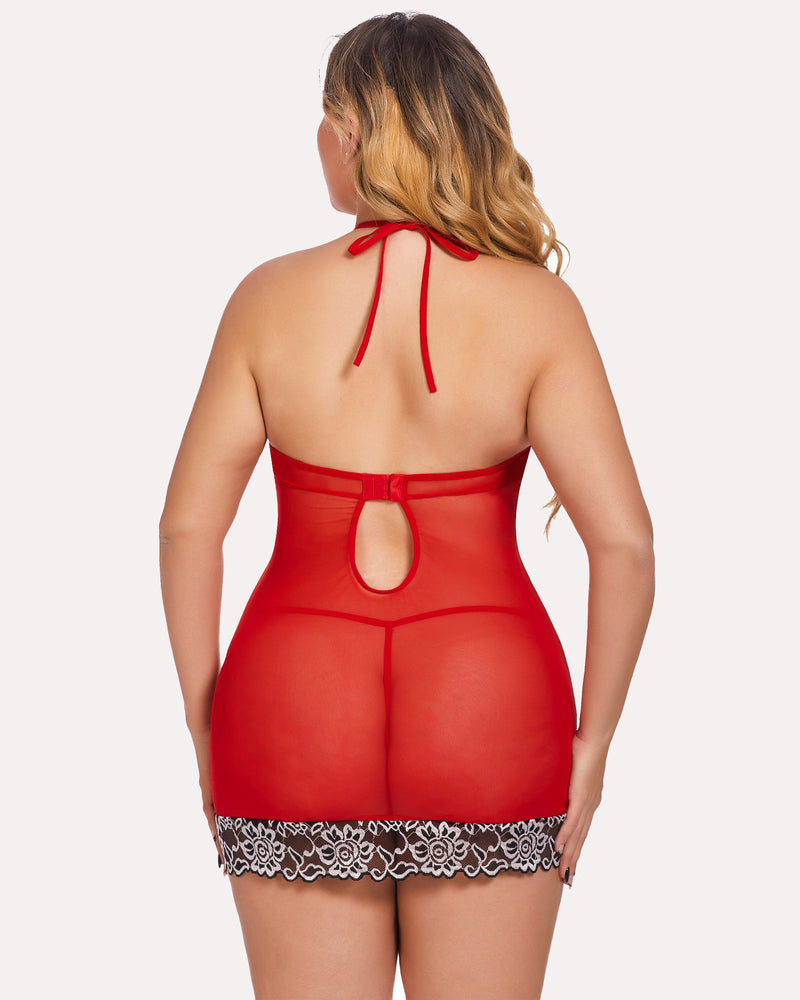 Lace mesh babydoll chemise, red back with tie straps and lace scalloped hem