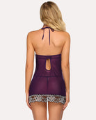 Lace mesh babydoll chemise, dark purple backless style with center oval cutout