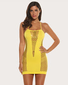 Yellow fishnet mesh mini dress with spaghetti straps and cutout lattice panels