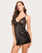 V-neck satin nightwear with lace bust and thin straps, black satin mini slip