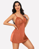 Copper satin lace babydoll nightdress with lace bust and open V-back