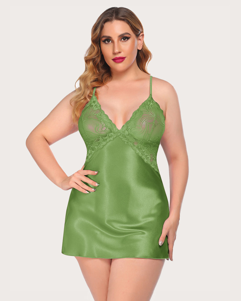 Grass green satin lace chemise with V-neck and lace bust cups