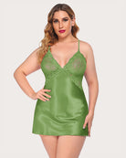 Grass green satin V-neck lace babydoll slip dress with lace cups and thin shoulder straps