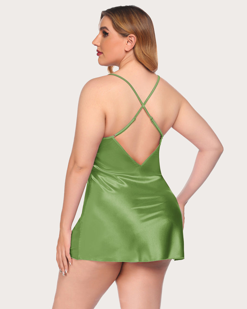 Grass green satin lace chemise with X-back straps and lace cups
