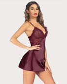 V-neck satin nightwear chemise in dark red with lace bust and thin shoulder straps