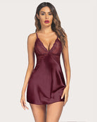 V-neck satin nightwear with lace cups, burgundy satin mini slip with thin straps