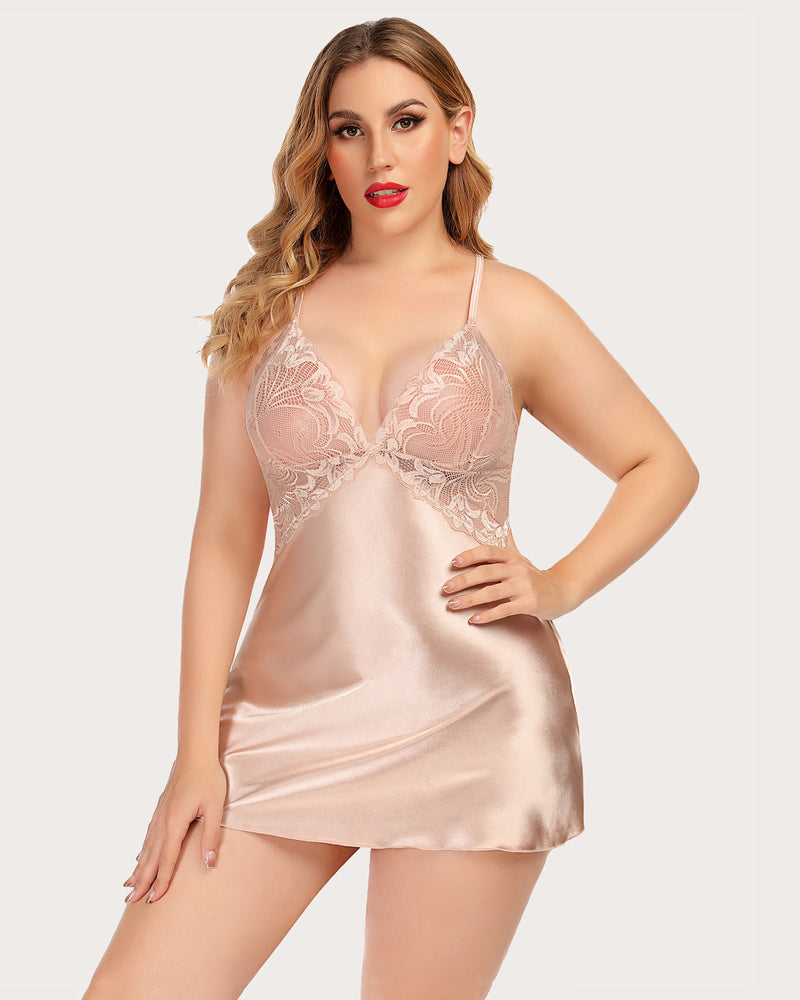 Lace V-neck satin nightwear in pale champagne with floral lace trim and thin straps