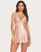 Lace V-neck satin nightwear in champagne with floral lace cups and thin straps