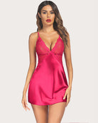 Rose satin V-neck lace babydoll slip dress with lace cups and spaghetti straps