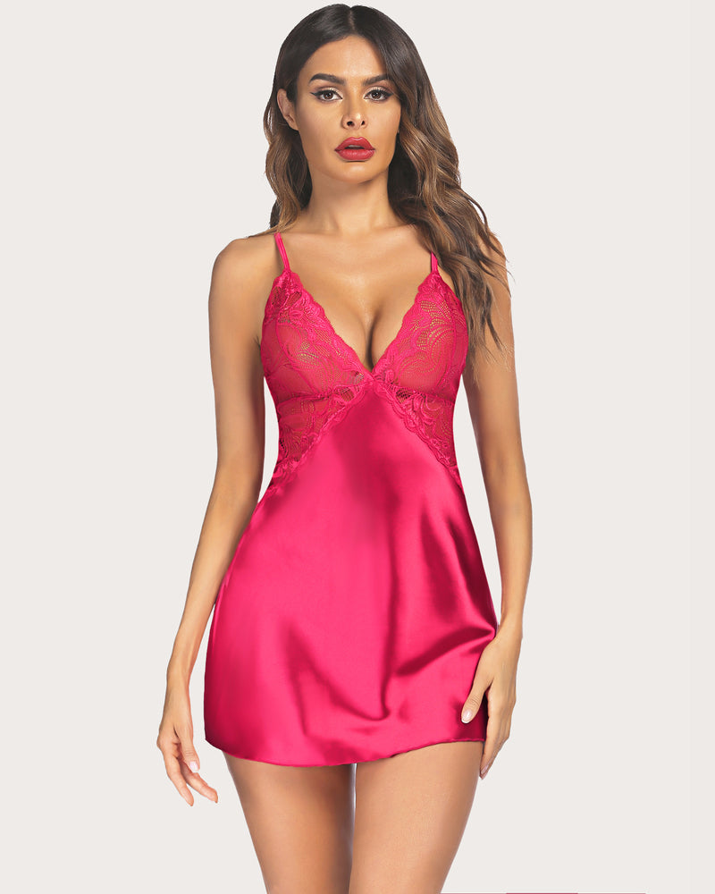 Rose satin V-neck lace babydoll slip dress with lace cups and spaghetti straps