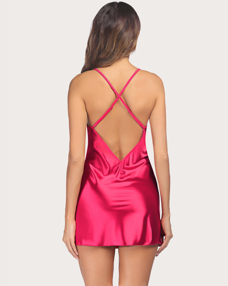 Rose satin babydoll slip dress with open back and crisscross straps, lace trim