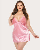 V-neck satin nightwear chemise in pale pink with lace cups and satin slip skirt