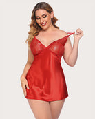 V-neck satin nightwear chemise in red with lace cups and adjustable spaghetti straps