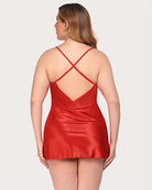 Red satin V-neck chemise with lace cups and crisscross back straps