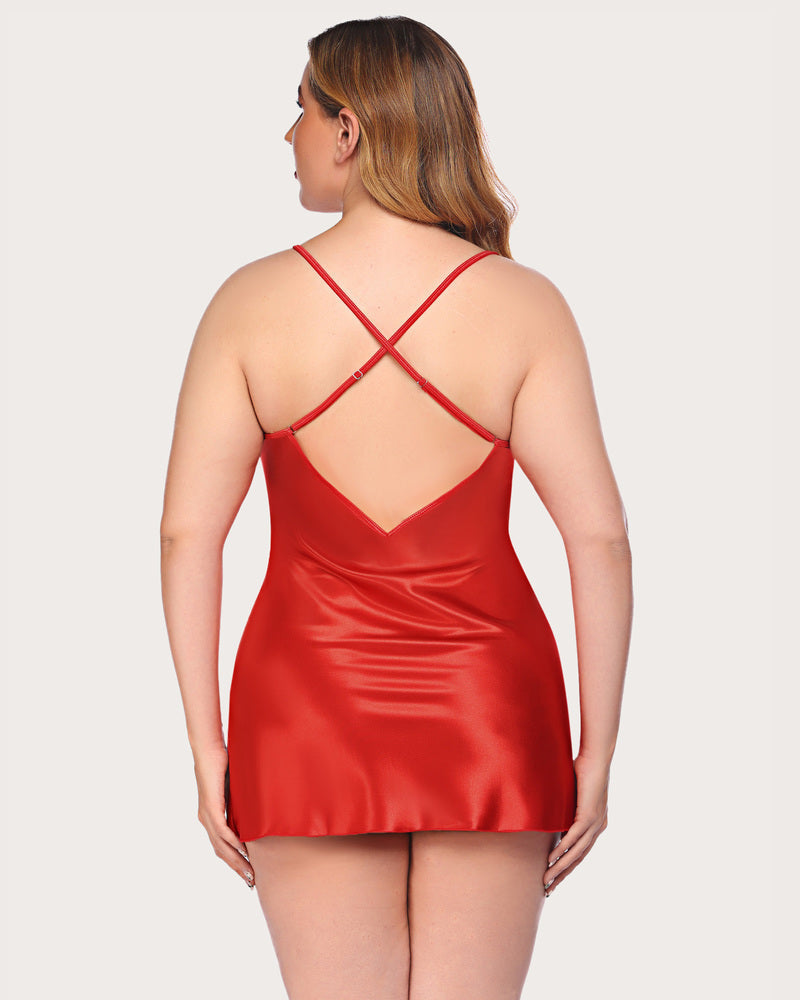 Lace-trim satin nightdress with crisscross back straps, red