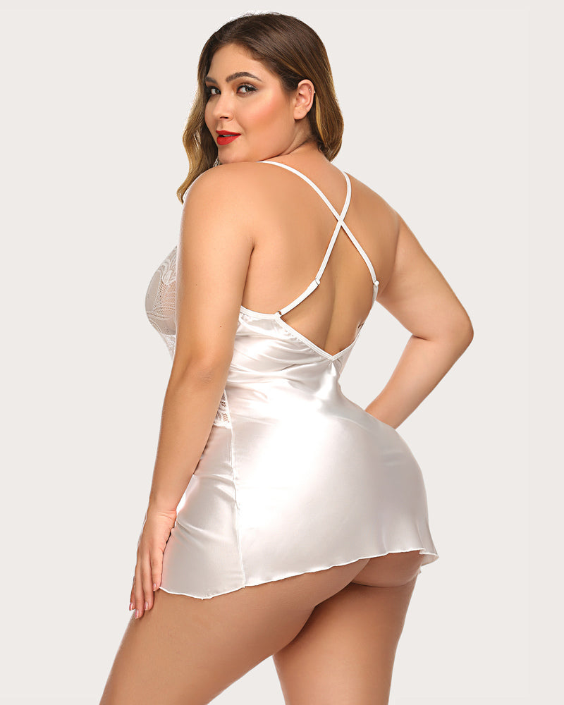 White satin chemise with lace back cutout and crisscross strap detail
