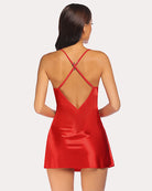 Red satin lace chemise back view with crisscross straps, V-neck front, short length