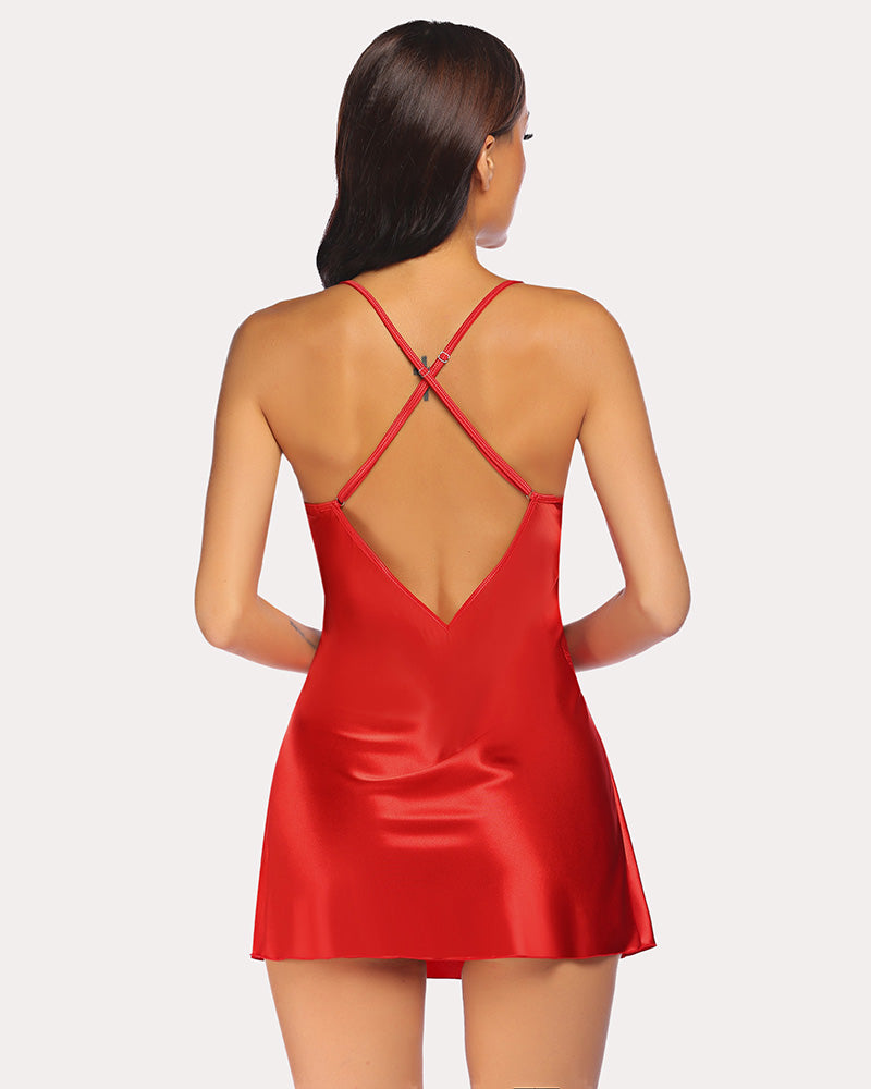 Red satin lace chemise back view with crisscross straps, V-neck front, short length