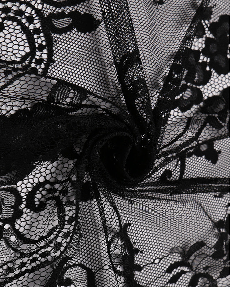 Black floral lace overlay fabric with sheer mesh texture