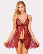 Burgundy lace sheer negligee with V-neck tie front and flared scalloped hem