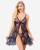 Navy blue lace V-neck negligee babydoll with open front and scalloped lace hem