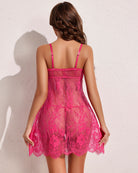 Back-view V-neck lace negligee, hot pink sheer lace with spaghetti straps
