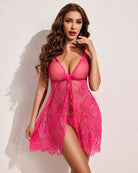 V-neck lace negligee, hot pink sheer lace with bow-tied bust and lace hem