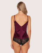 Burgundy lace short pajama bodysuit with open-back V straps and black lace shorts