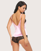 Pink lace short pajama bodysuit with open-back V straps and black lace trim