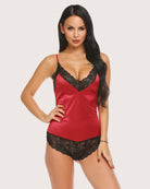 Red lace short pajama bodysuit with V-neck cups and black lace trim