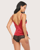 Red lace short pajama bodysuit, open-back V neckline, black lace trim