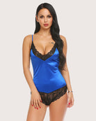 Blue satin lace short pajama bodysuit with V-neck lace cups and black lace trim