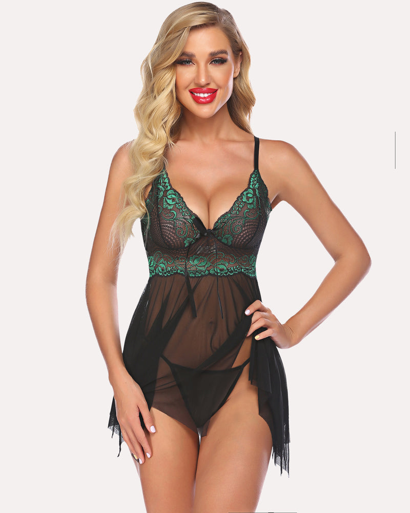 Black lace mesh babydoll nightgown with green lace trim and sheer ruffled skirt