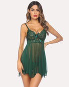 Green lace mesh nightgown with bow detail at bust and sheer flared hem