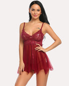 Burgundy lace babydoll nightgown with V-neck cups, thin straps, sheer tulle skirt
