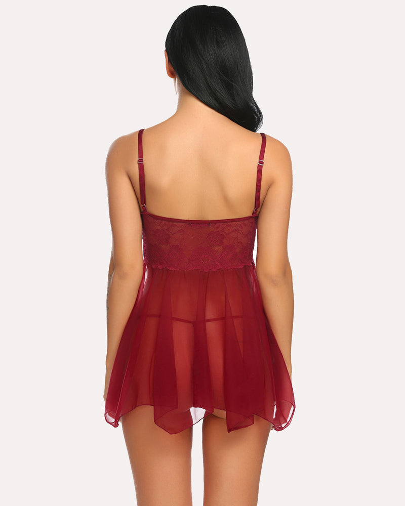 Back view burgundy lace babydoll nightgown with thin straps and sheer flared skirt