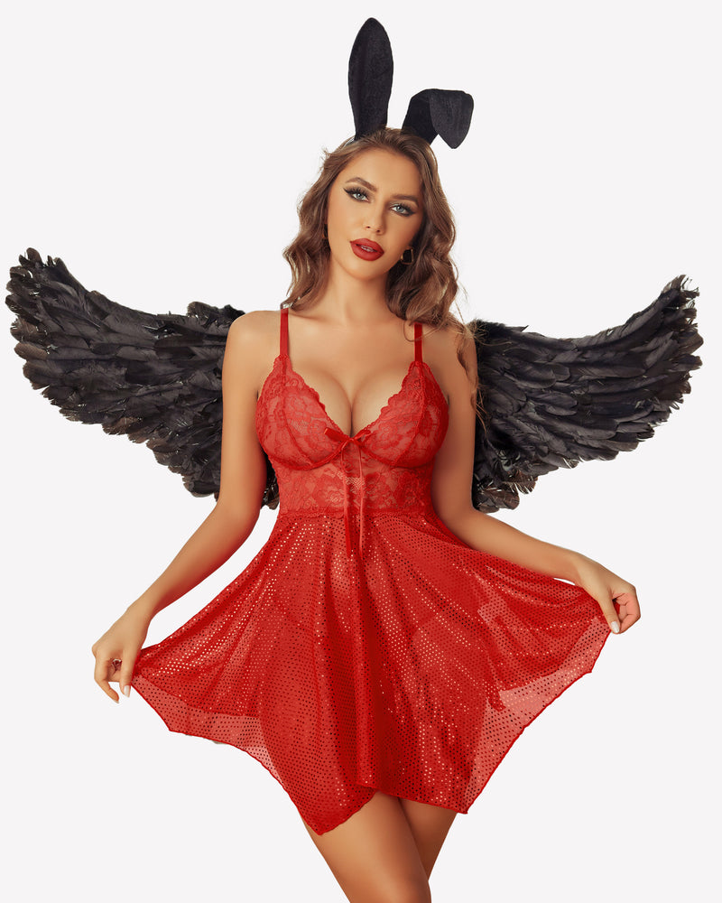 Red lace babydoll nightgown with balconette cups and asymmetrical glitter tulle hem
