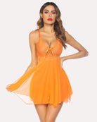 Orange lace mesh babydoll nighty with scalloped lace bust and bow-front.
