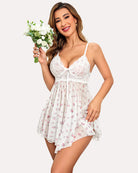 White lace babydoll nightgown with tie-front bodice and floral print tiered skirt