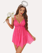 Lace mesh babydoll nightgown in bright pink, lace bodice and flowing sheer skirt