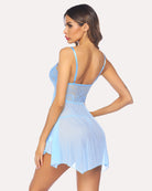 Lace mesh babydoll nightgown in light blue, lace back and fitted bodice, sheer flared skirt